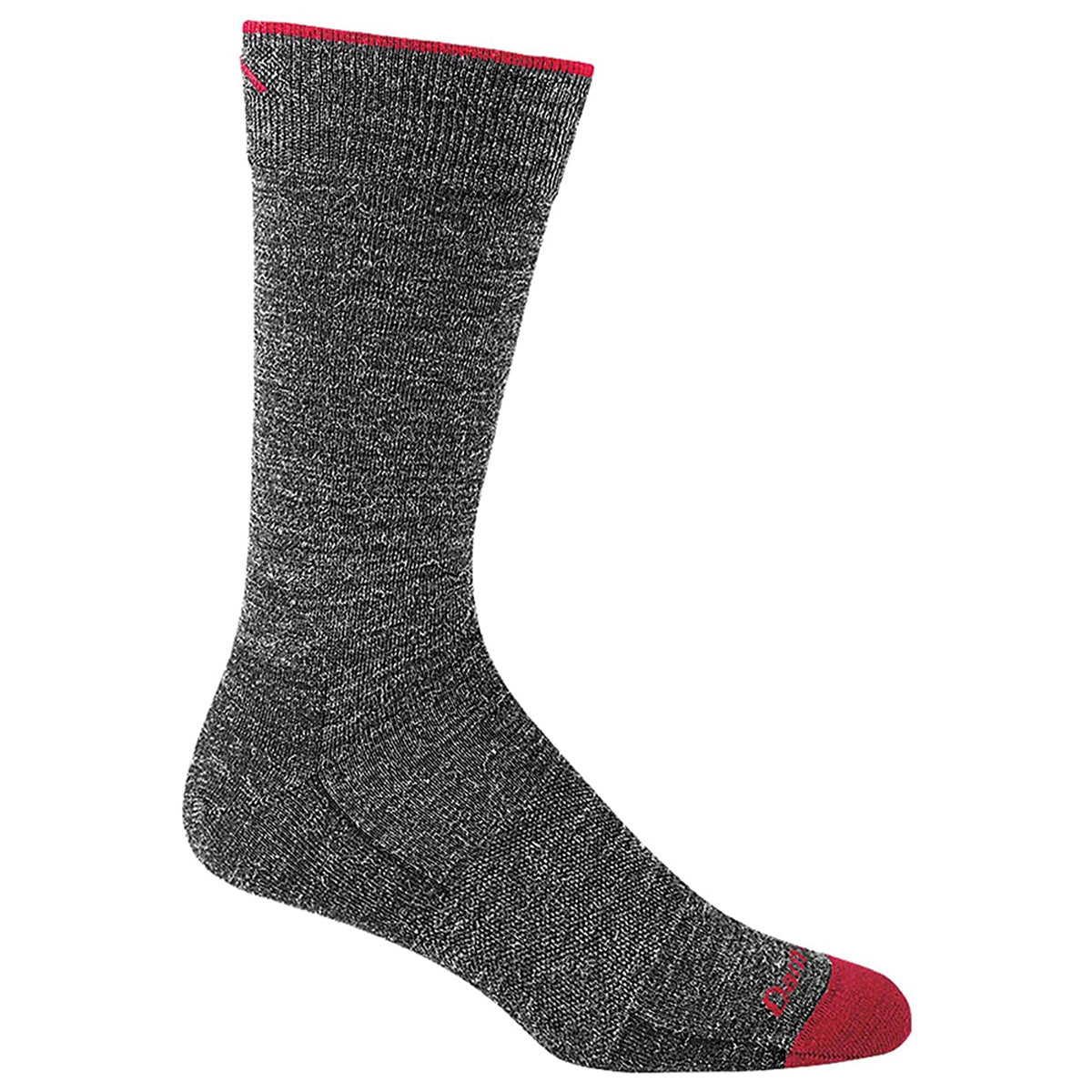A single Darn Tough Solid Crew black sock with a red toe and trim displayed against a white background.