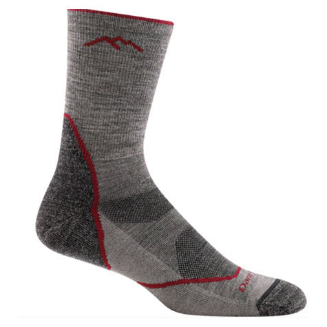 Gray Darn Tough Light Hiker Micro Crew Taupe athletic sock with red accents, made of merino wool.