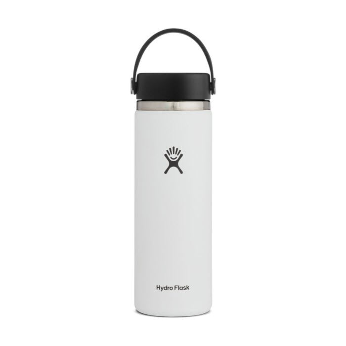 Replace the product in the sentence:
White HYDRO FLASK 20OZ WIDE MOUTH FLEX SIP LID water bottle with black cap and handle, featuring TempShield insulation.