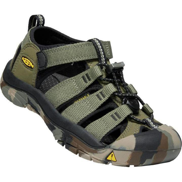 Olive green and camouflage Keen Child Newport H2 outdoor sandal with toe guard and bungee lacing. 
Replace with: Keen Child Newport H2 Dusty Olive - Kids by Keen