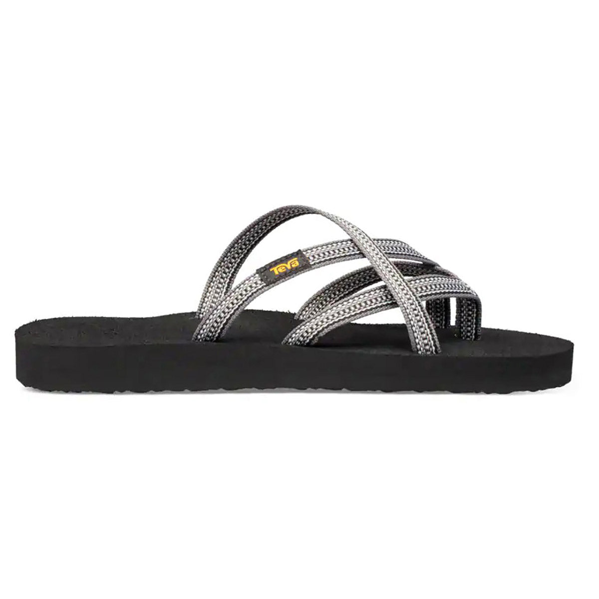 A women&#39;s TEVA OLOWAHU ANTIGUOUS GREY - WOMENS flip-flop sandal with crisscrossing metallic, recycled quick-drying polyester straps.