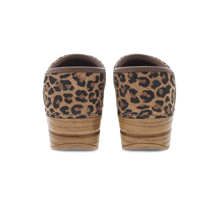 Pair of DANSKO PROFESSIONAL LEOPARD SUEDE - WOMENS clogs with wooden heels, viewed from the back.