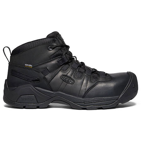 A black hiking boot with Keen.Dry waterproof laces and a high ankle cut.