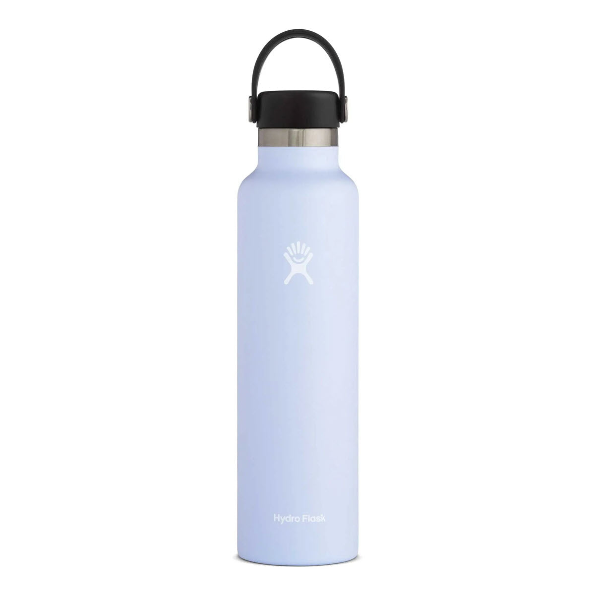 A light blue Hydro Flask 21 oz standard mouth fog water bottle with a black cap and handle.