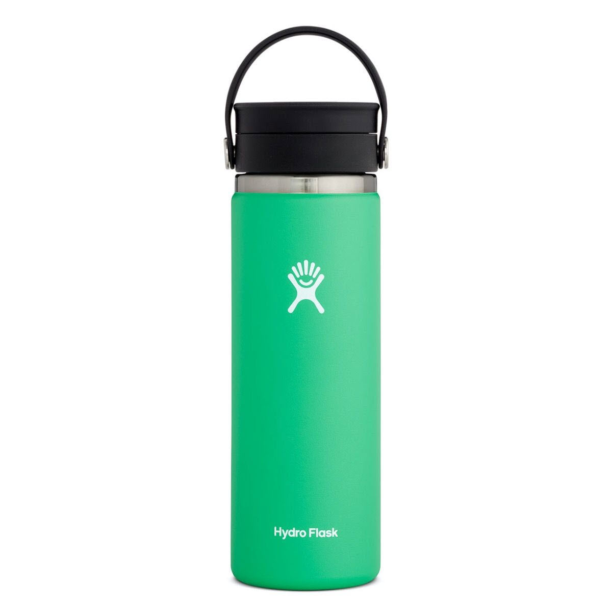 A green Hydro Flask 20oz wide mouth hydration spearmint water bottle with a black cap and carrying handle.