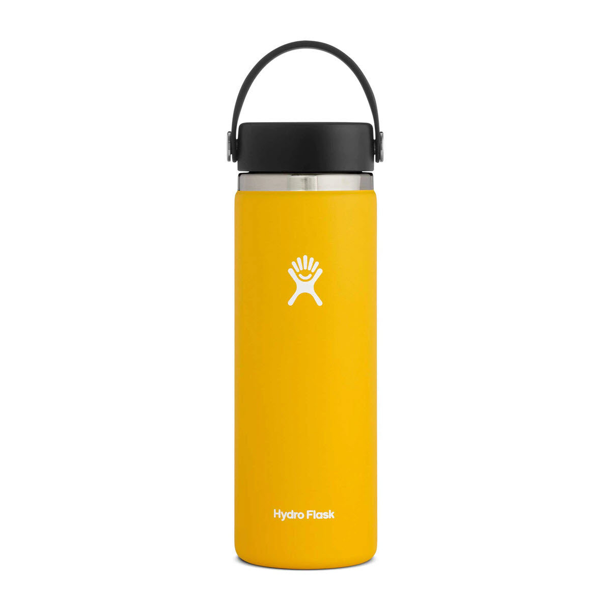 Yellow Hydro Flask 20oz Wide Mouth Hydration Sunflower Water Bottle with black cap and handle on a white background.