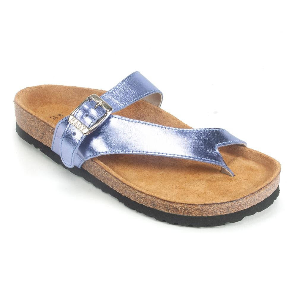 A single Naot Tahoe Purple Mirror Leather women&#39;s sandal with an adjustable strap and an anatomic cork &amp; latex footbed on a white background.