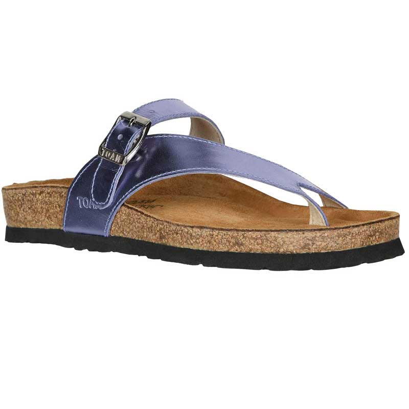 Women&#39;s Naot Tahoe Purple Mirror Leather single-strap sandal with anatomic cork &amp; latex footbed and buckle.