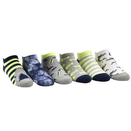 Five pairs of cotton-rich, children’s McCubbin STRIDE RITE NO SHOW 6 PACK SEAN SHARKS socks displayed in a row against a white background.