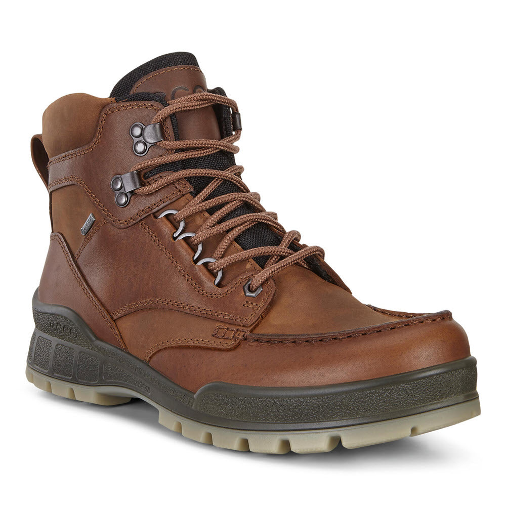 A single brown leather ECCO TRACK 25 HIGH BISON hiking boot with laces on a white background.