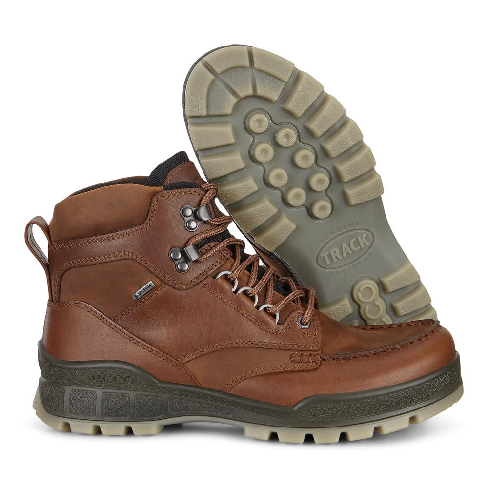 A pair of brown leather ECCO TRACK 25 HIGH BISON hiking boots with sturdy soles.