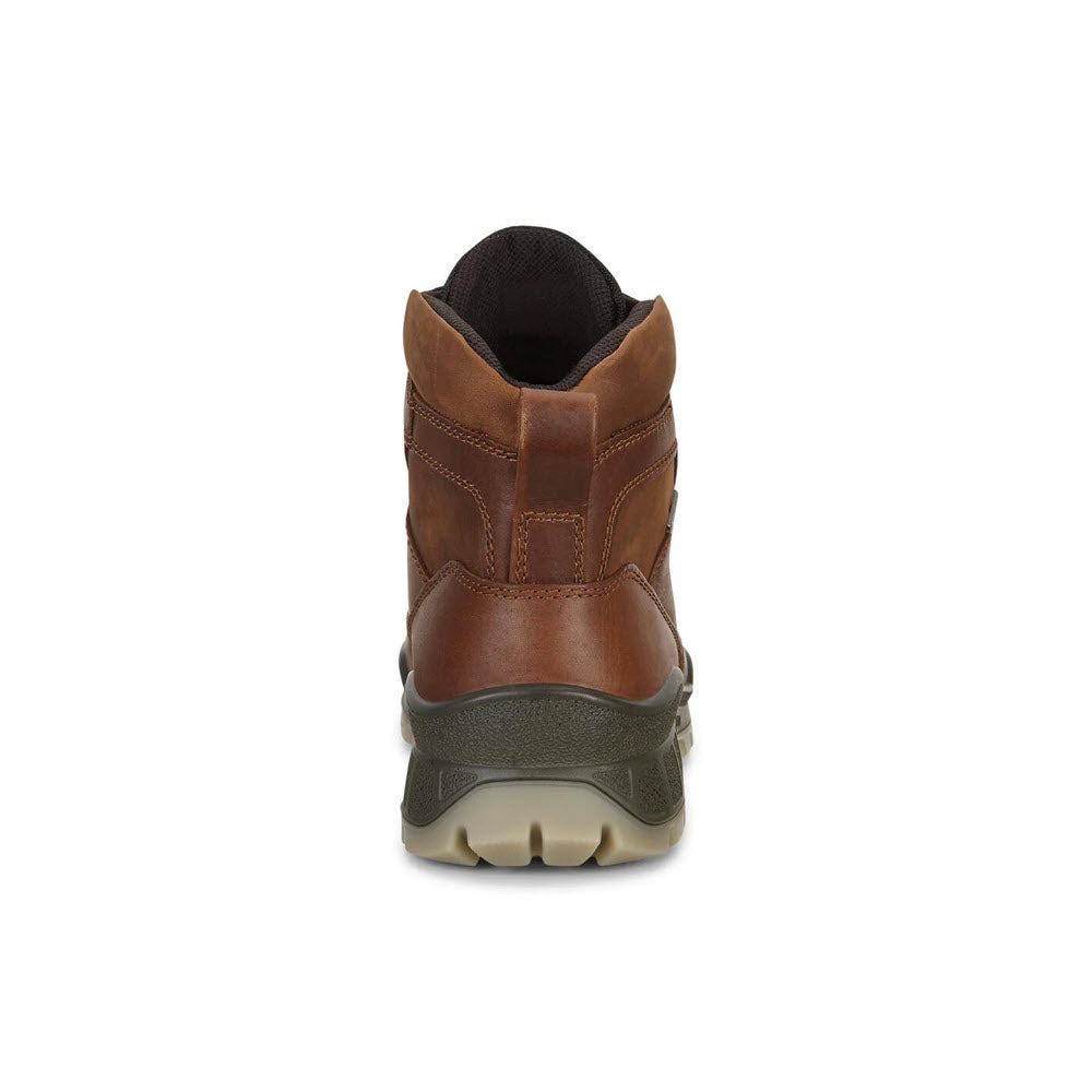 Rear view of a single brown Ecco Track 25 High Bison-Mens outdoor boot against a white background.