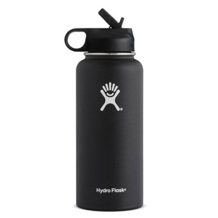 Hydro Flask 32 oz Wide Mouth with Flex Straw black water bottle crafted from Pro-Grade Stainless Steel.