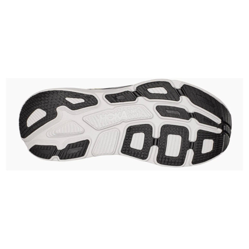 The sole of a HOKA BONDI 7 TURBULENCE/CHILI - MENS sports shoe, featuring a cushioned ride with black and white tread pattern.