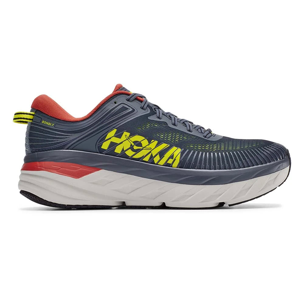 Side view of a Hoka Bondi 7 Turbulence/Chili men&#39;s running shoe with blue and gray upper and white sole, designed for a cushioned ride with Meta-Rocker technology.