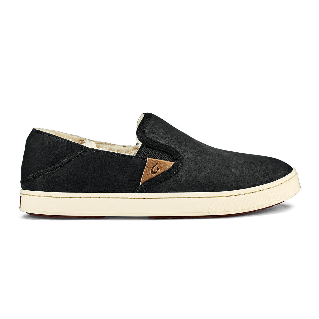 Olukai slip-on casual sneaker with white sole and waterproof nubuck leather detailing.
