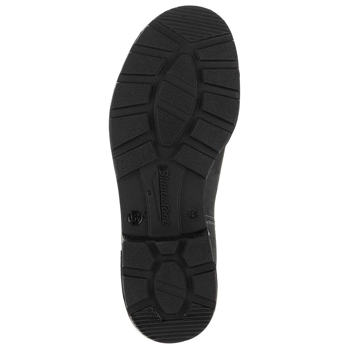 Sentence with the product replaced: Sole of a Blundstone BLUNDSTONE 1630 HIGH TOP RUSTIC BLACK - WOMENS shoe displaying tread pattern and brand logo, crafted from rustic black premium leather.