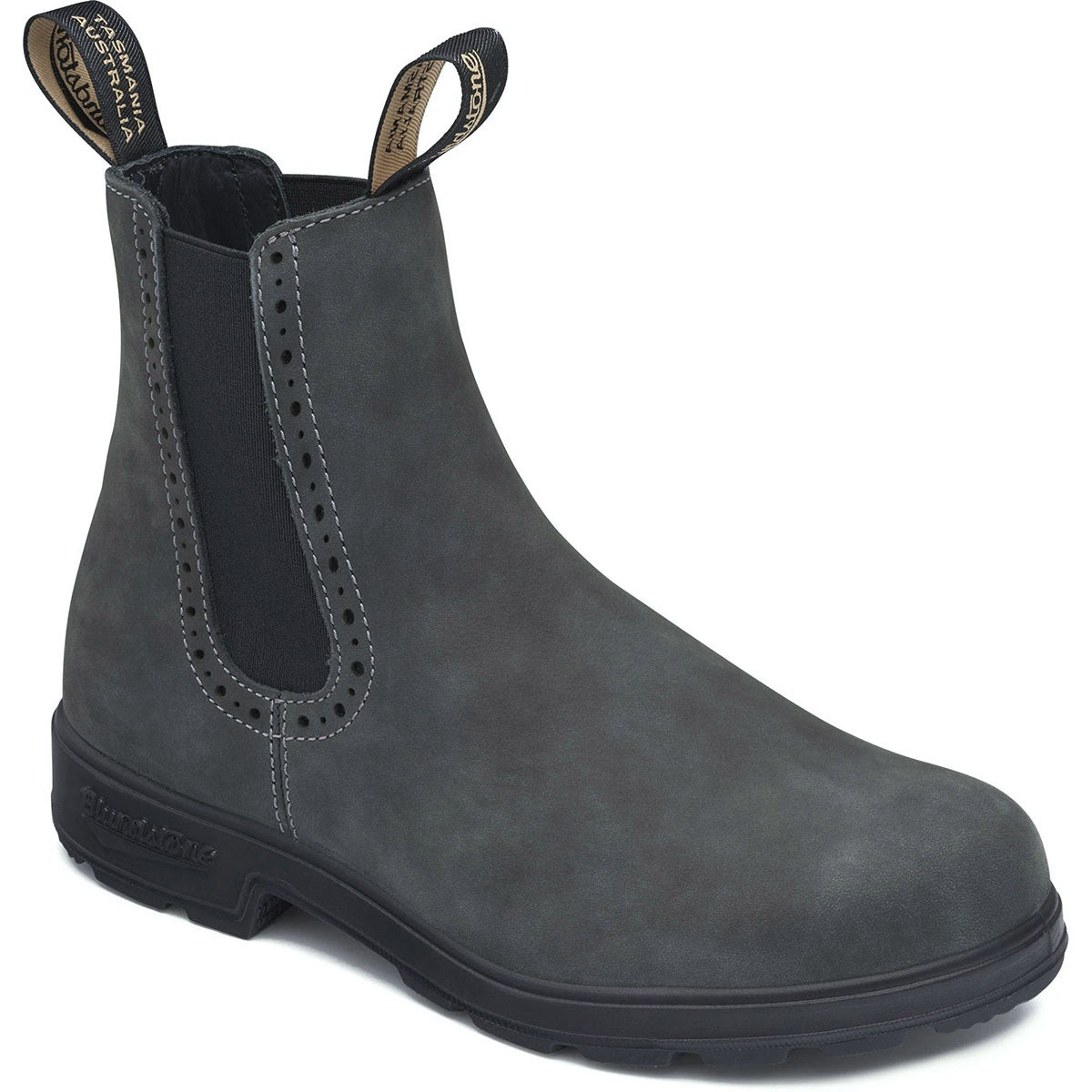 A rustic black single Blundstone 1630 High Top Chelsea boot with elastic side panels and pull-on tabs.