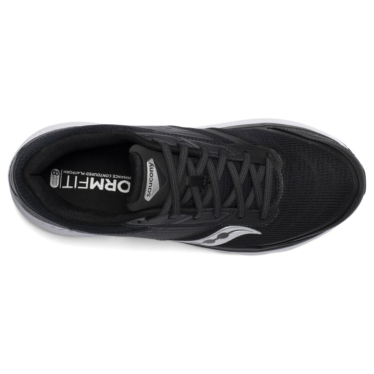 Top view of a single black and white Saucony Echelon 8 running shoe.