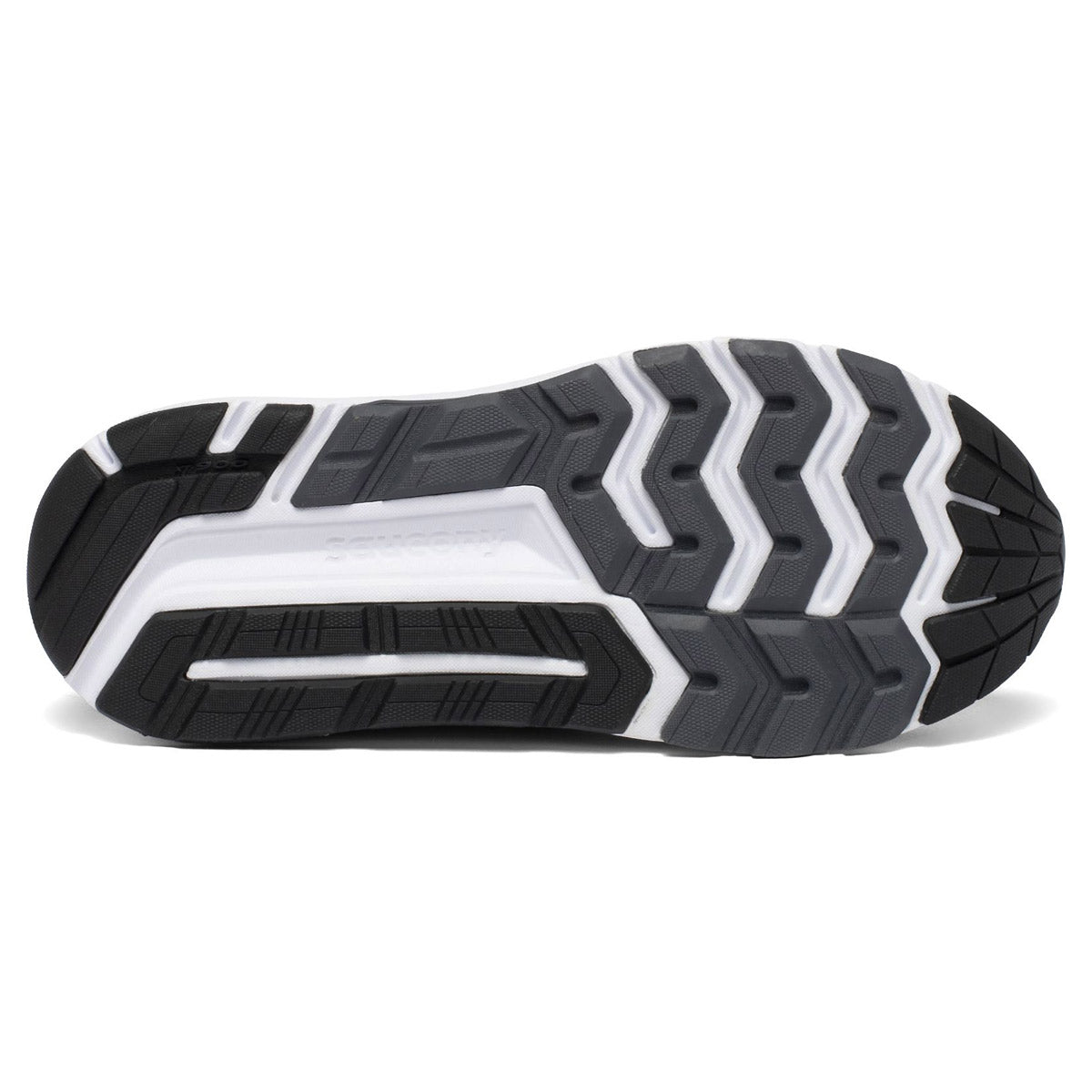 Sole of a Saucony Echelon 8 running shoe with a black and white tread pattern and visible PWRRUN midsole cushioning technology becomes Sole of a SAUCONY ECHELON 8 BLACK/WHITE - MENS running shoe with a black and white tread pattern and visible PWRRUN midsole cushioning technology.