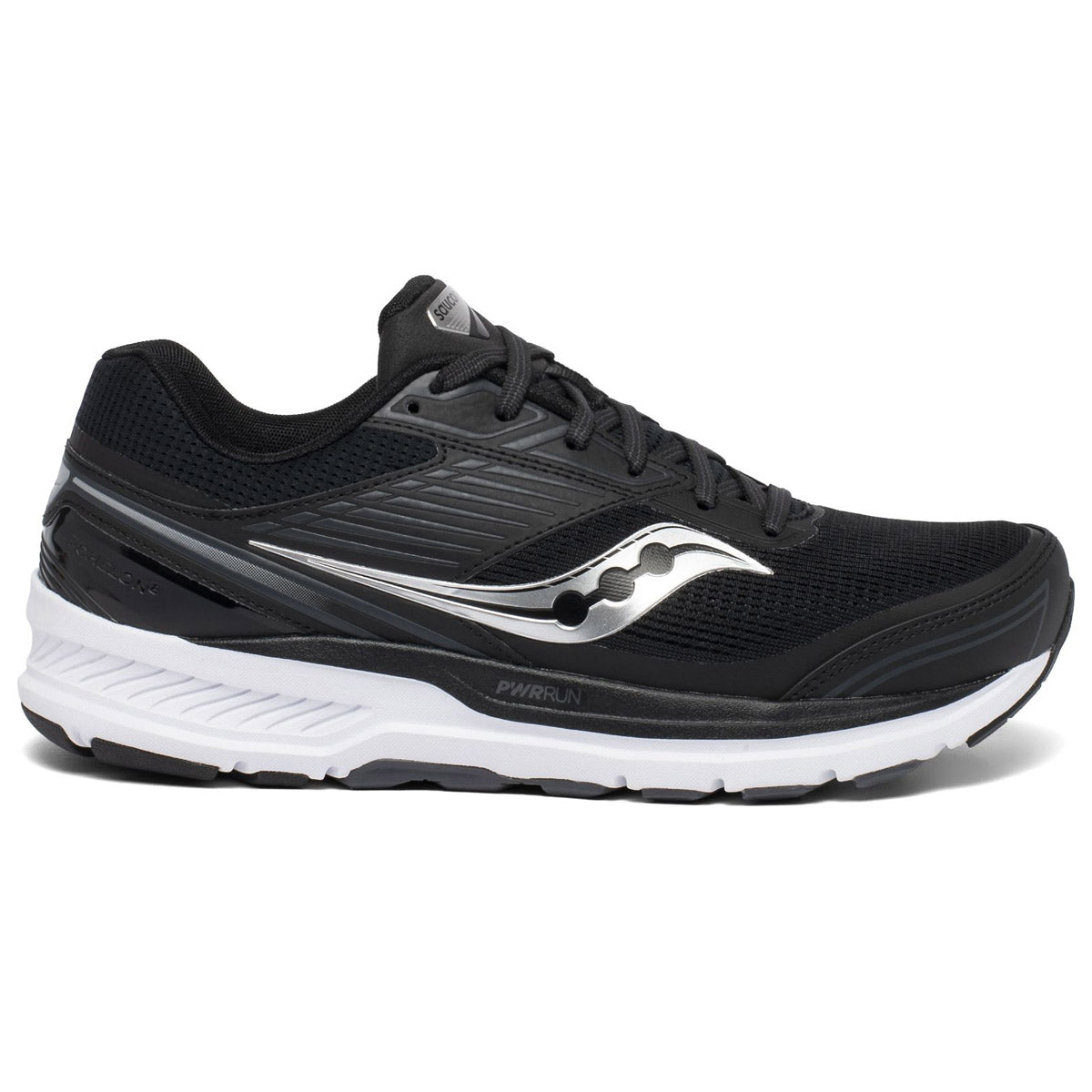 A black and white Saucony Echelon 8 running shoe with a cushioned sole and a wave-like logo on the side.