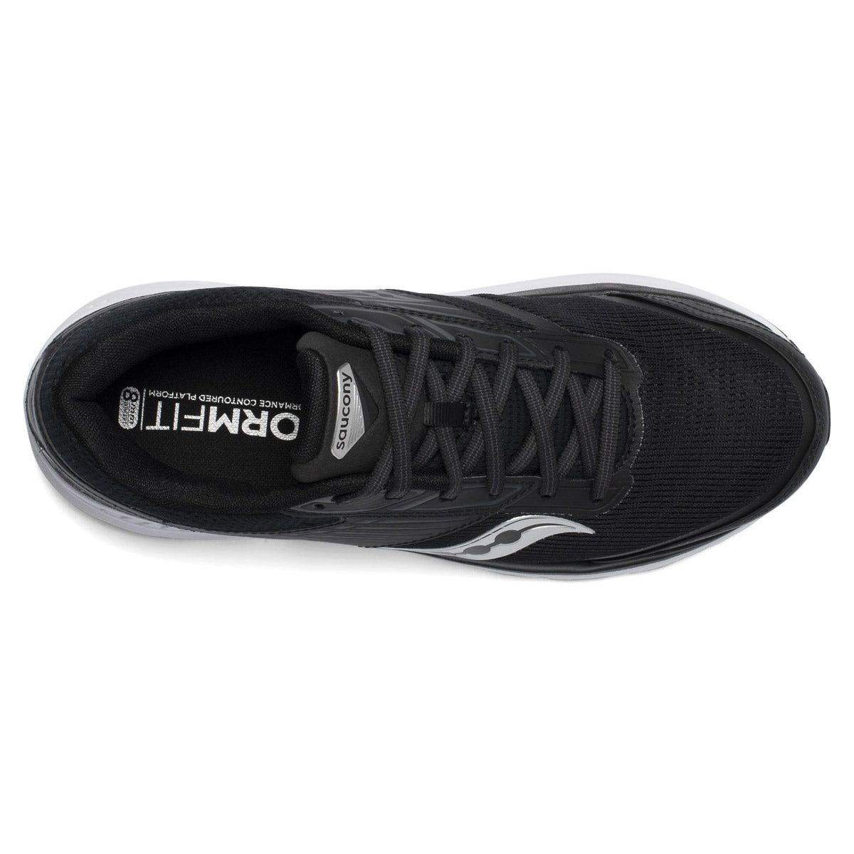 Top view of a single black Saucony Echelon 8 running shoe with white logo.