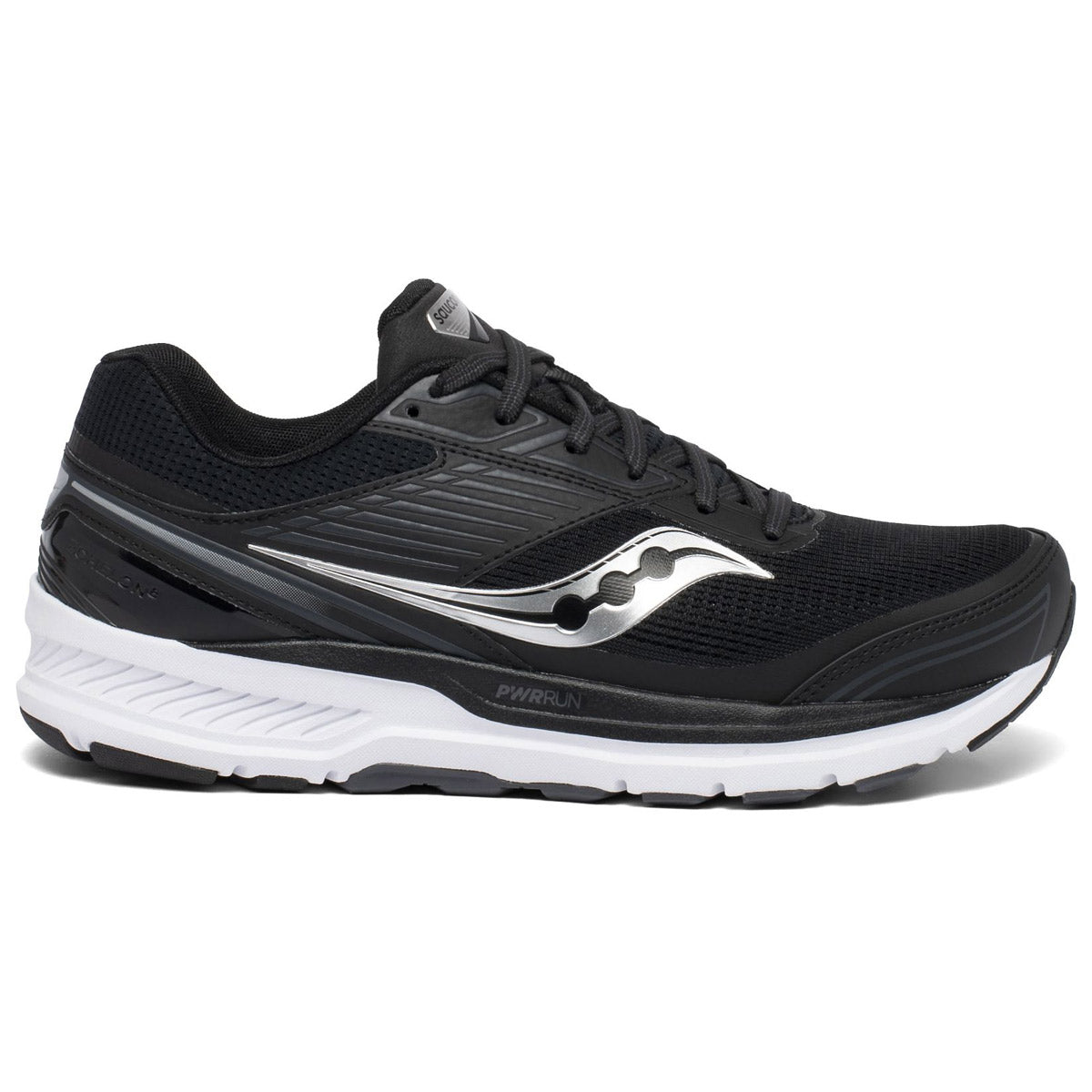 Black and white Saucony Echelon 8 running shoe with PWRRUN midsole, cushioned sole, and logo on the side.