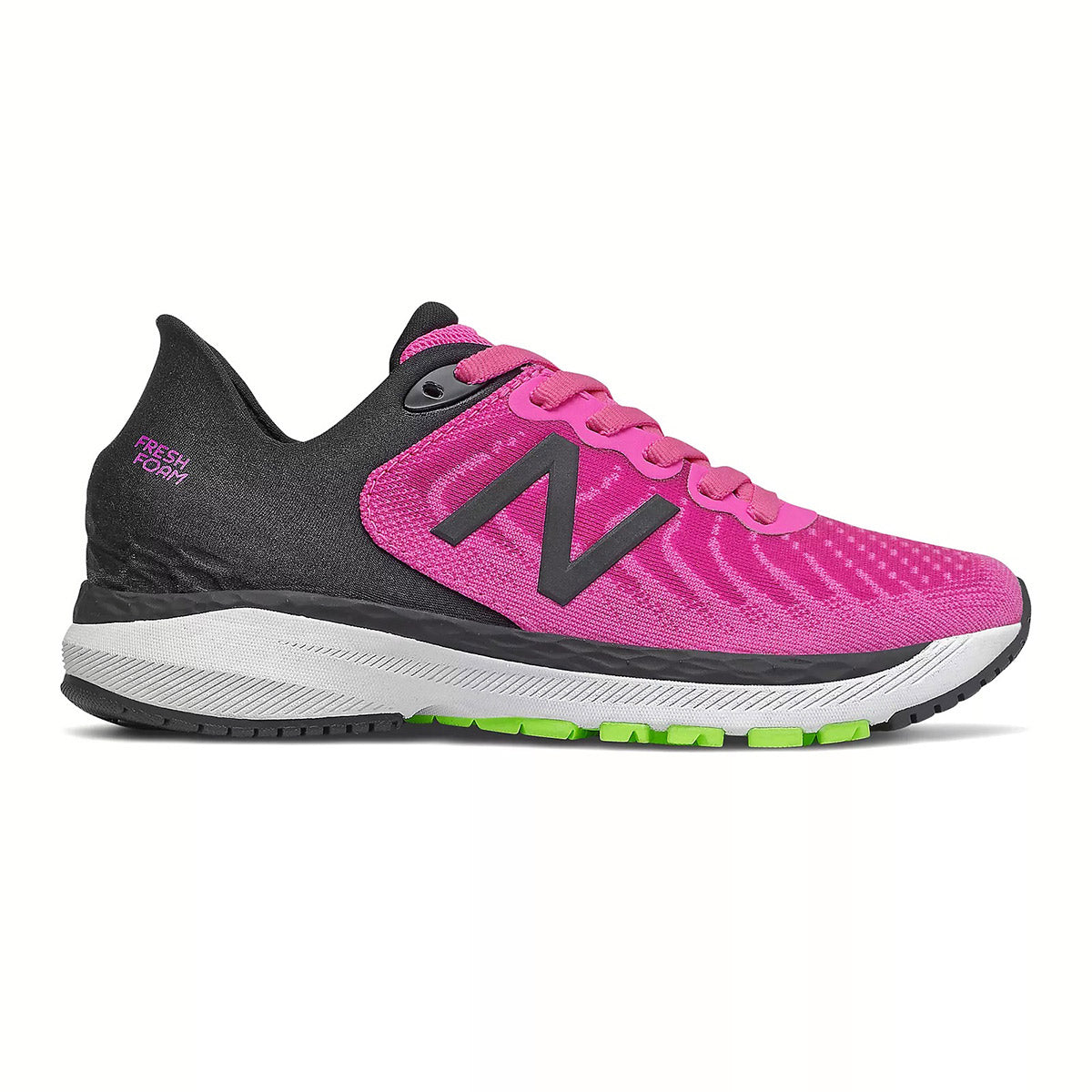 A pink and black New Balance Fresh Foam 860V11 Fusion/Black running shoe with white and lime accents, featuring a Fresh Foam midsole.