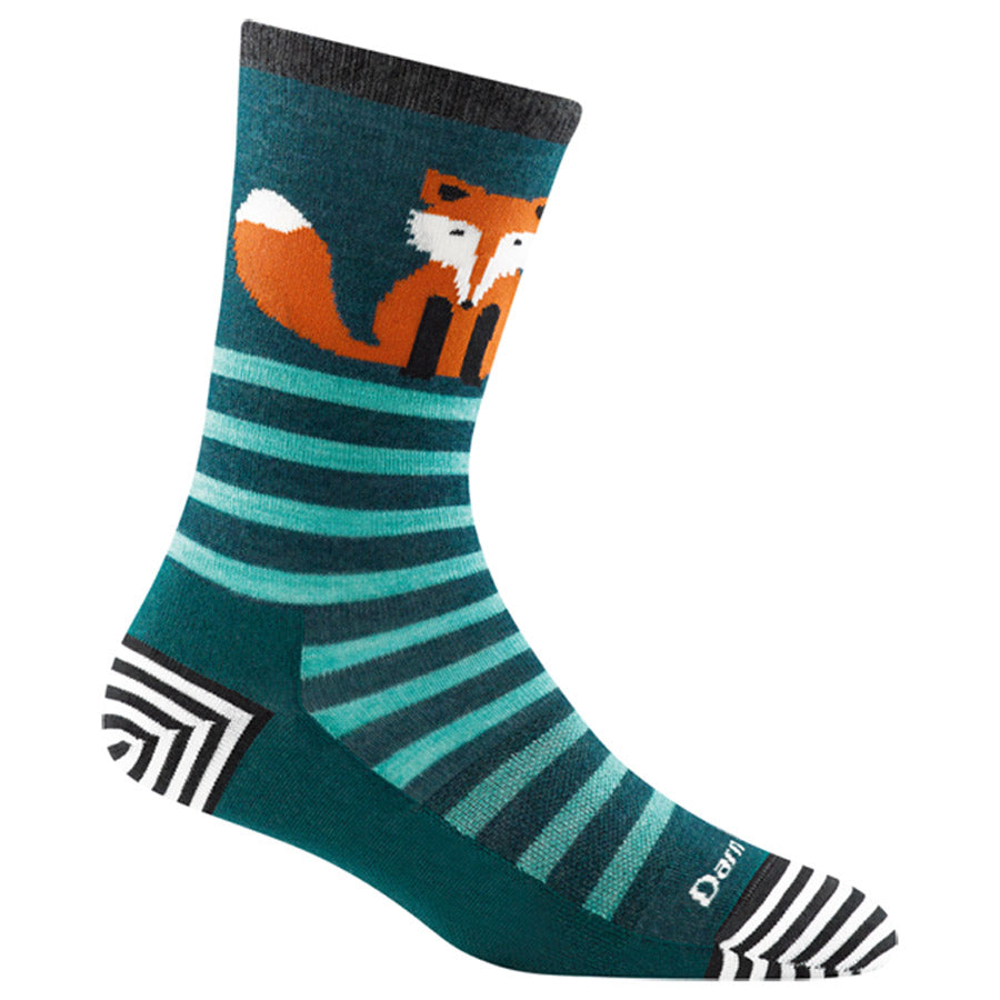 A Darn Tough Animal Hauslight Crew Dark Teal 329112 sock with an orange and white fox design on the ankle, crafted from performance fit merino wool.