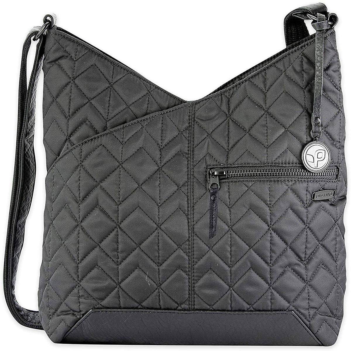Quilted fabric crossbody bag with a front zipper pocket, a Pistil emblem, and an adjustable cross-body strap.