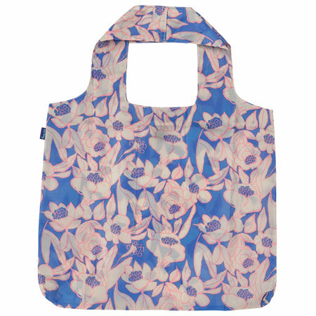 A blue Rockflowerpaper Blue Bag Rosalie tote with a floral pattern.
