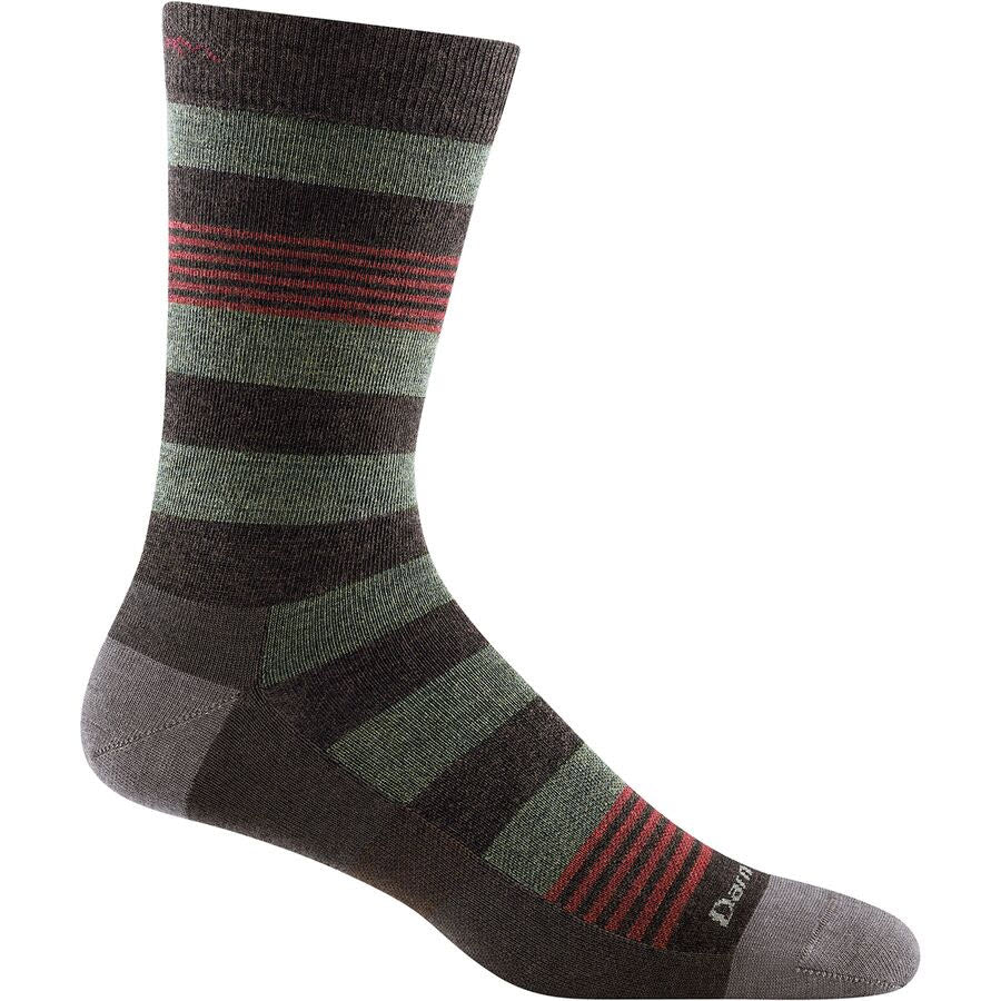 A single striped Darn Tough OXFORD STRIPE BROWN Crew Light sock with various shades of green, red, and black, displayed against a white background.