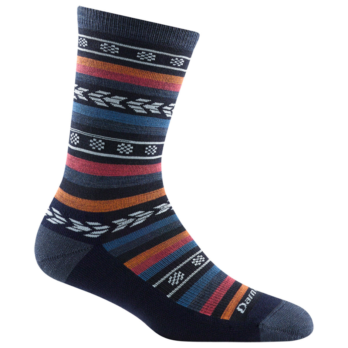 Colorful patterned Darn Tough Bronwyn Crew Socks Denim - Womens displayed against a white background.