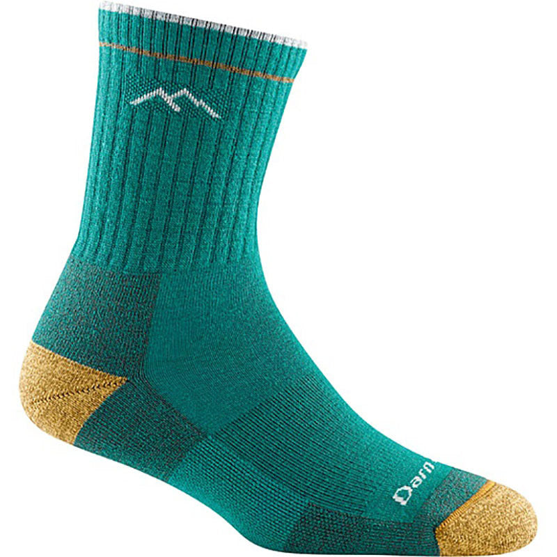 A single Darn Tough Hiker Micro Crew teal women&#39;s sock made of merino wool, with a reinforced heel and toe area.