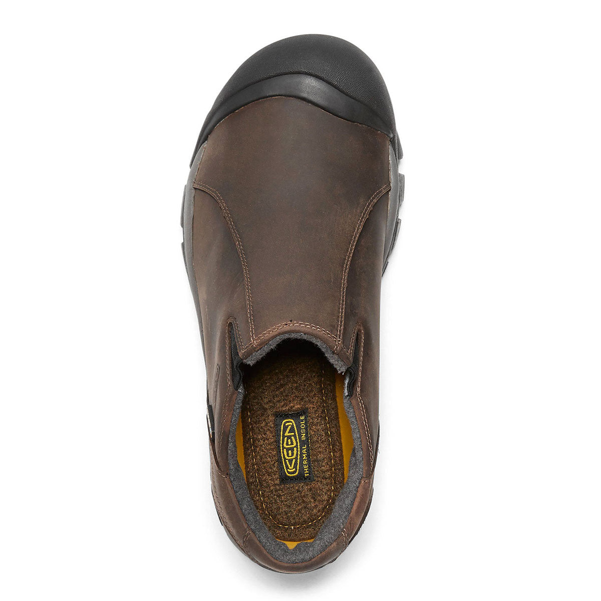 Top view of a single brown leather Keen Brixen Low WP Madder Brown men&#39;s slip-on shoe with black toe cap.