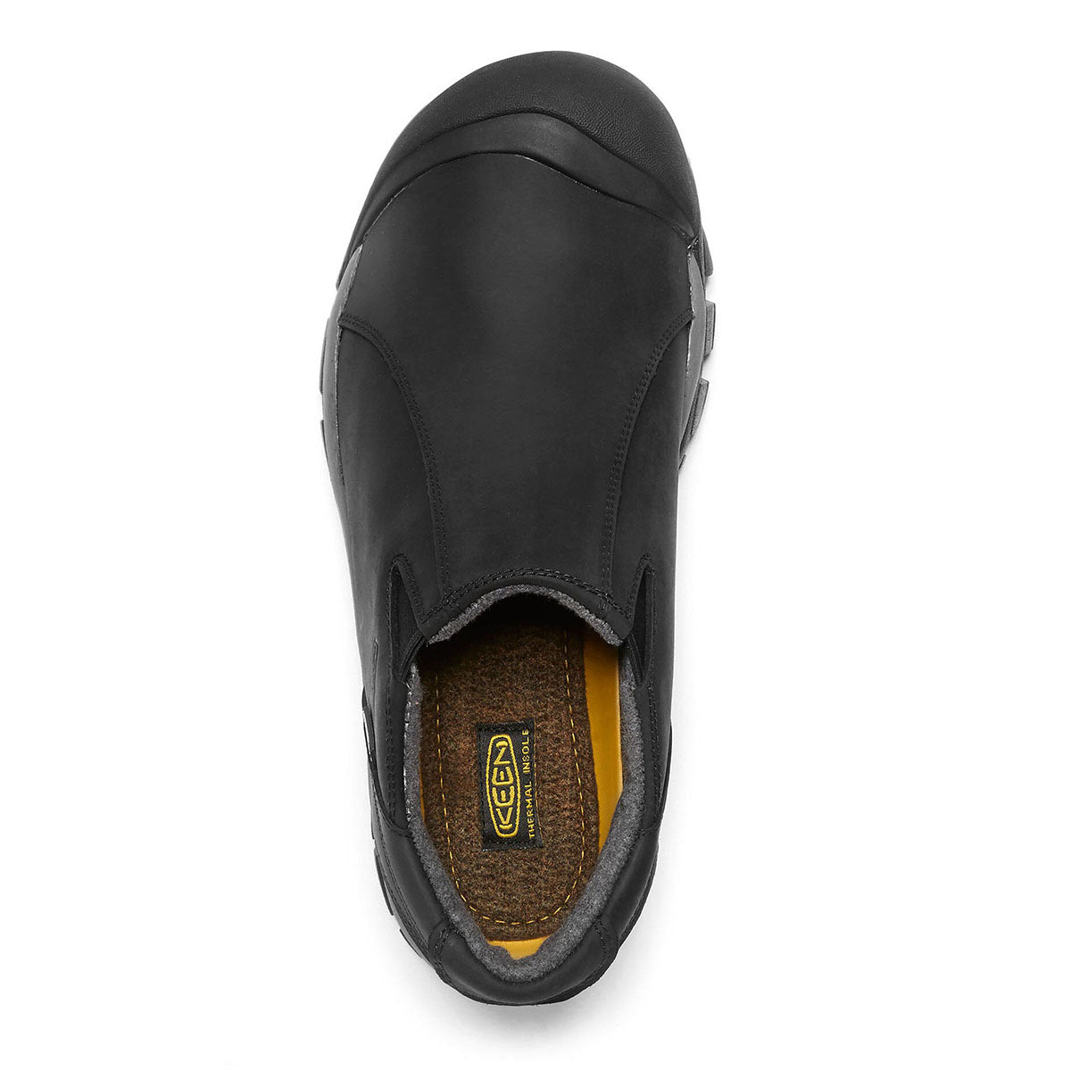 Black slip-on, KEEN BRIXEN LOW WP BLACK - MENS waterproof shoe viewed from above.