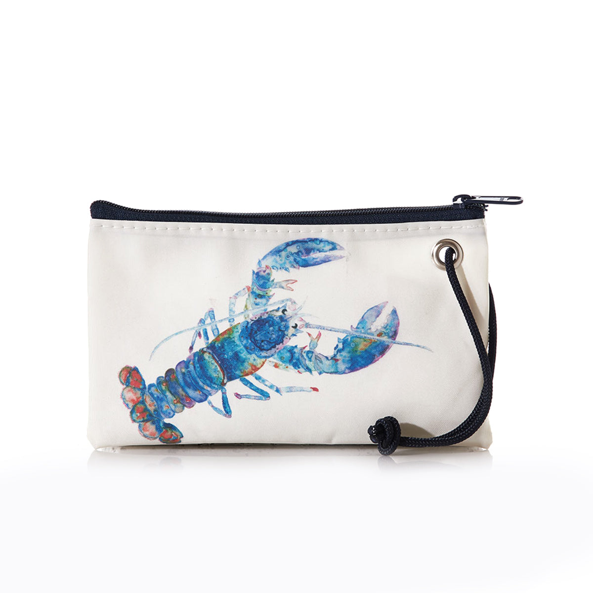 A Sea Bags Wristlet Multi Lobster, crafted from recycled sails, depicting a multi-lobster illustration, complete with a black zipper and a wrist strap.