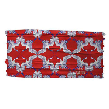 Red and blue abstract patterned polyester microfiber fabric, designed as a versatile Karma Thin Headband Birds.