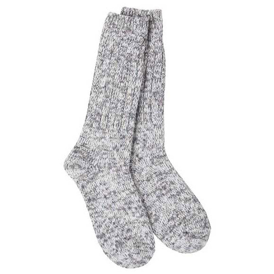A pair of thick, gray knitted women&#39;s SUNRISE CREW SAUCY socks from Worlds Softest with an ultra-soft feel.