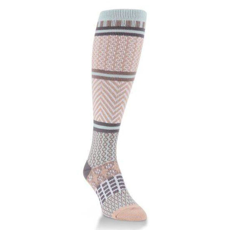 A single patterned Worlds Softest Gallery Kneehi Savannah compression sock with a reinforced heel displayed against a white background.