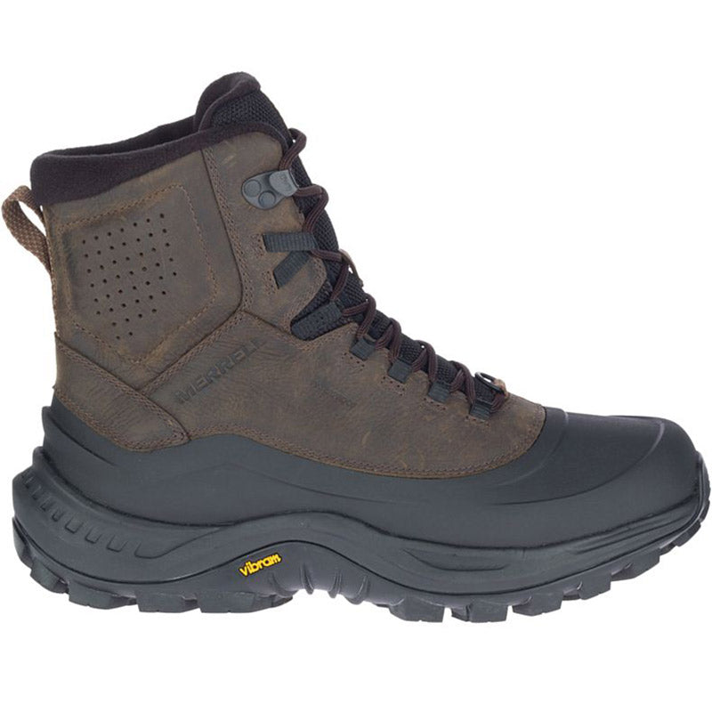 A single Merrell Thermo Overlook 2 Mid WP Brown - Mens winter boot with a Vibram® Arctic Grip® sole on a plain background.