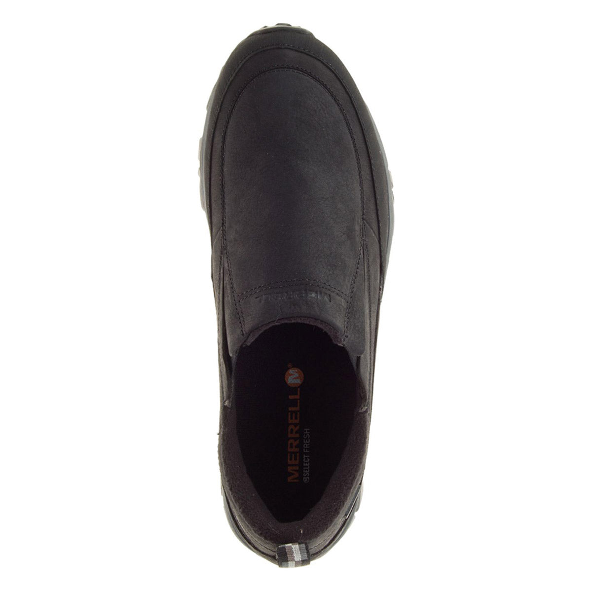 Top-down view of a black Merrell ColdPack Ice+ Moc waterproof slip-on shoe.