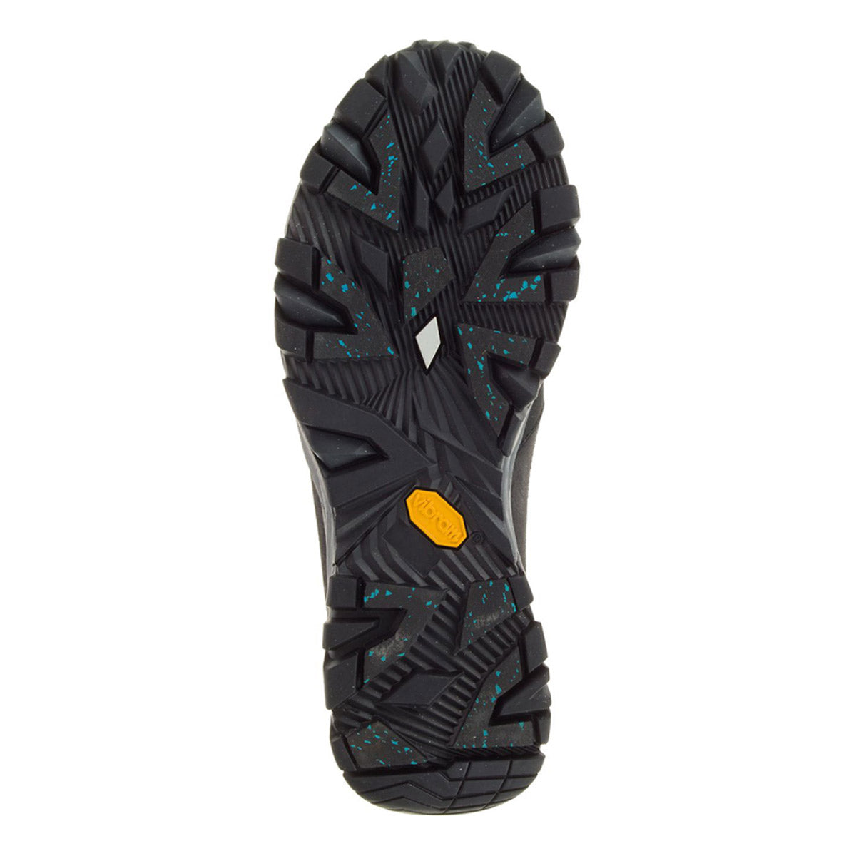 Tread pattern of a MERRELL COLDPACK ICE + MOC WP BLACK - MENS with black and teal details and a yellow brand logo.