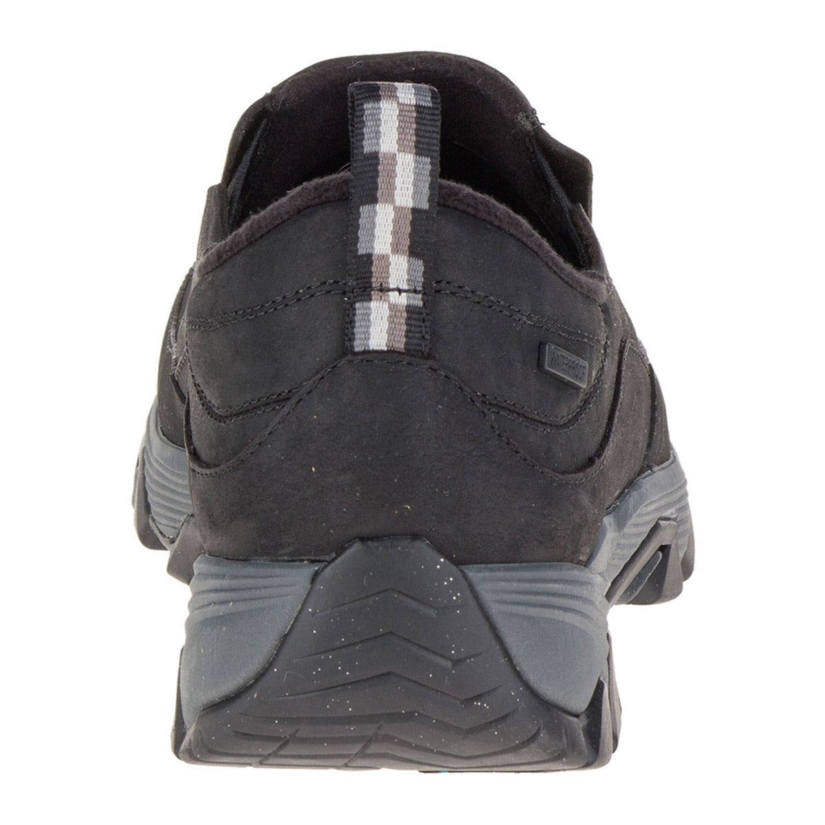 A rear view of a Merrell black athletic shoe with a reflective stripe on the heel and a Vibram® Arctic Grip™ outsole.