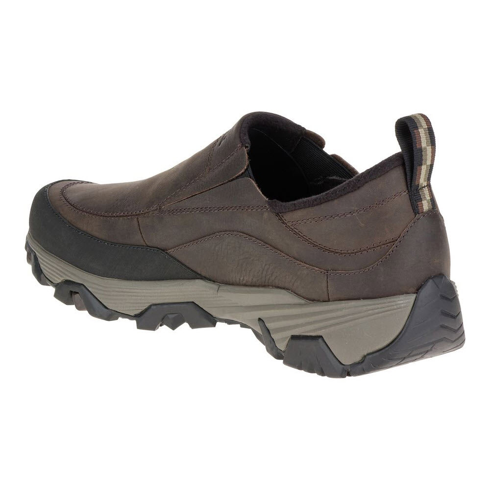 A single brown, waterproof Merrell COLDPACK ICE + MOC WP slip-on shoe with a thick Vibram® Arctic Grip™ outsole.