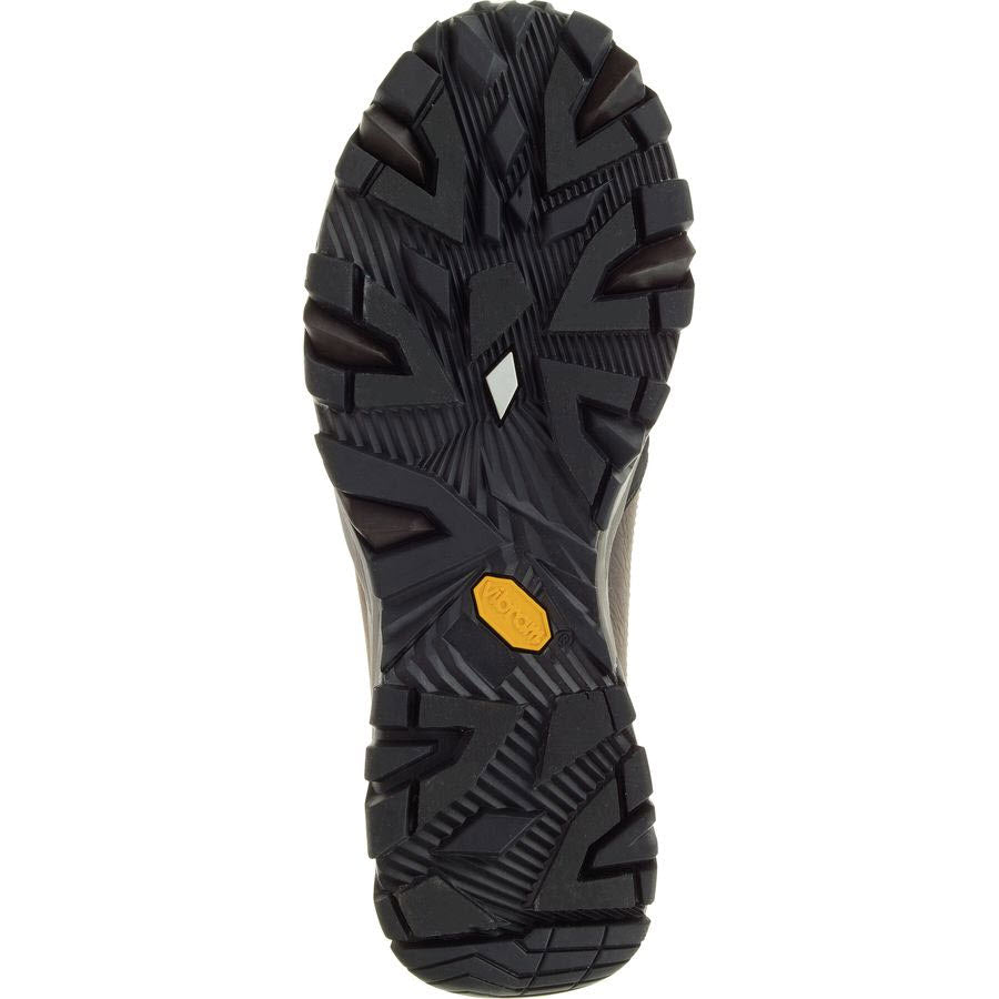 Tread of a black hiking boot sole with a gray and orange accent and waterproof slip-on Merrell® COLDPACK ICE + MOC WP outsole.