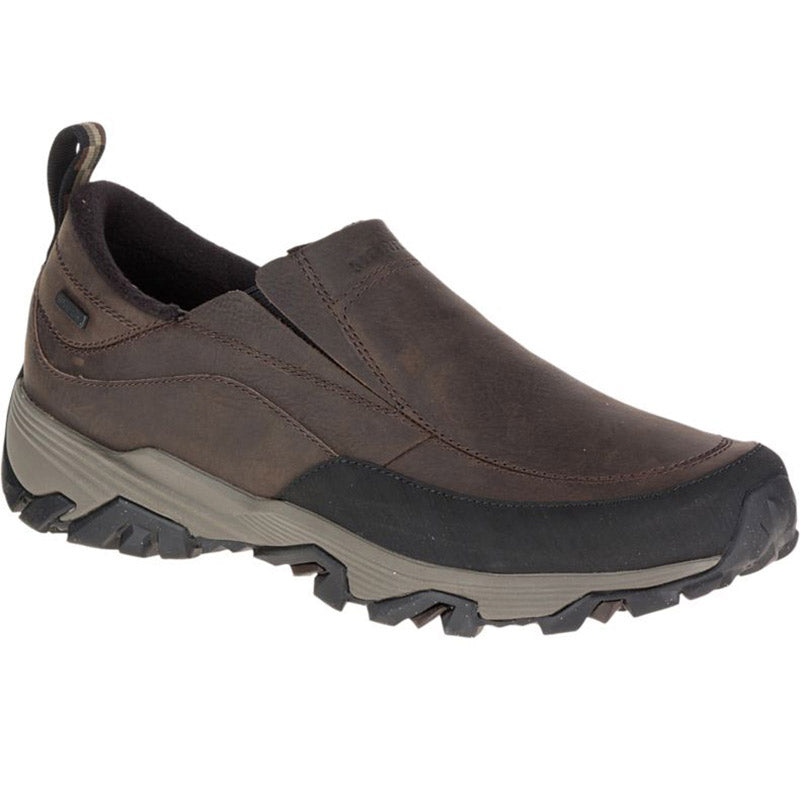 A single brown Merrell COLDPACK ICE + MOC WP waterproof slip-on hiking shoe with a rugged Vibram® Arctic Grip™ outsole.