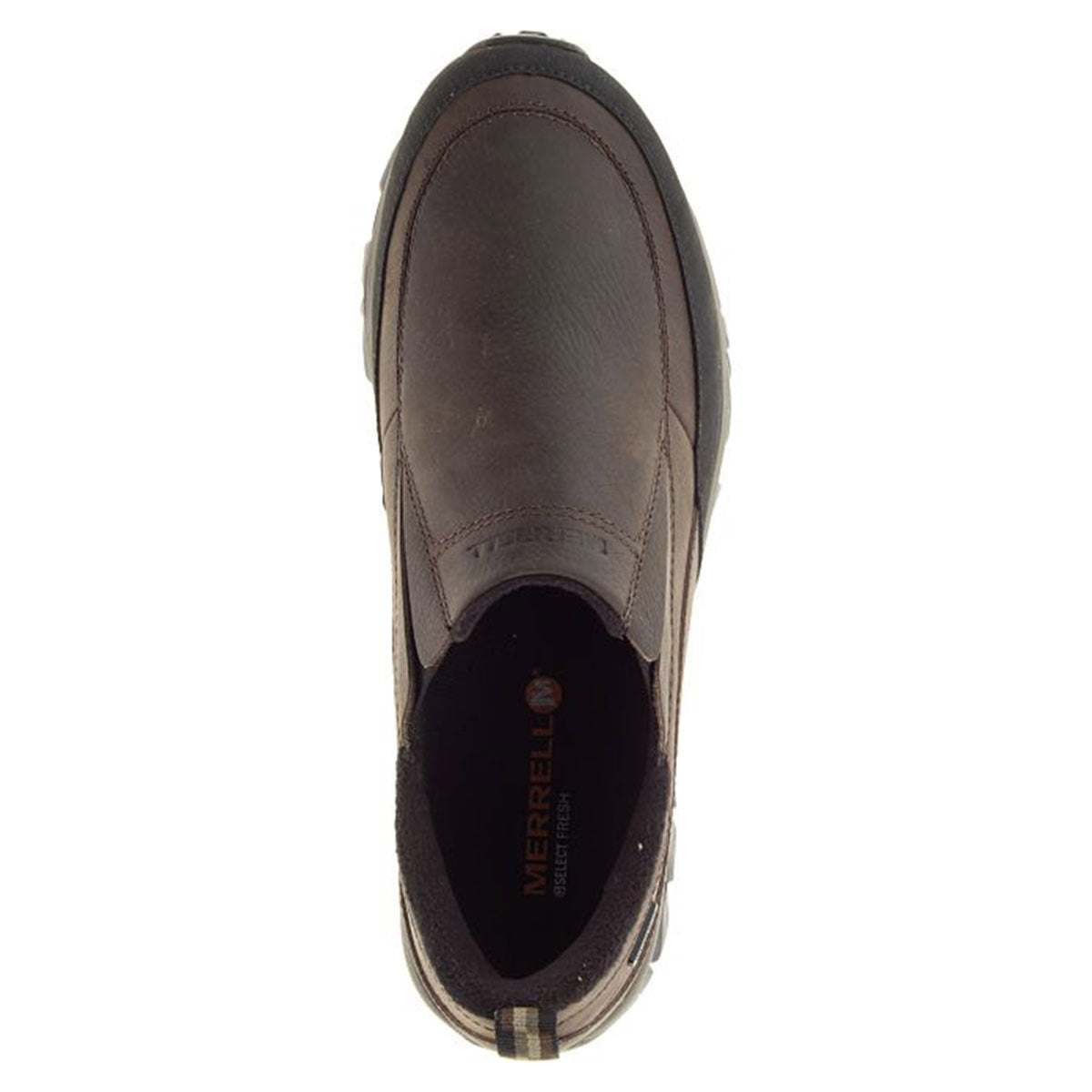 Top view of a brown Merrell COLDPACK ICE + MOC WP waterproof slip-on shoe.