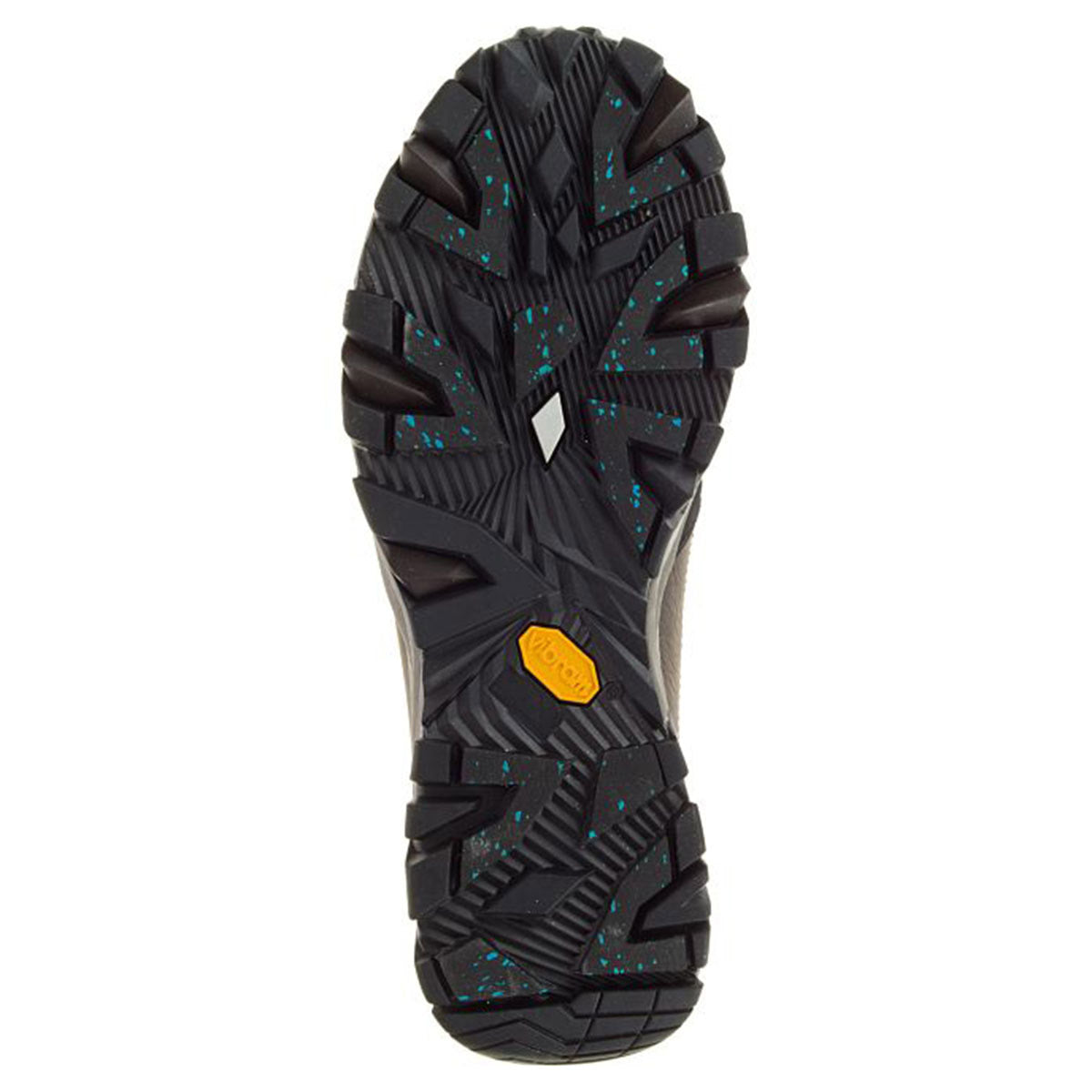 Tread pattern of a Merrell COLDPACK ICE + MOC WP waterproof slip-on sport shoe sole with black and blue accents.