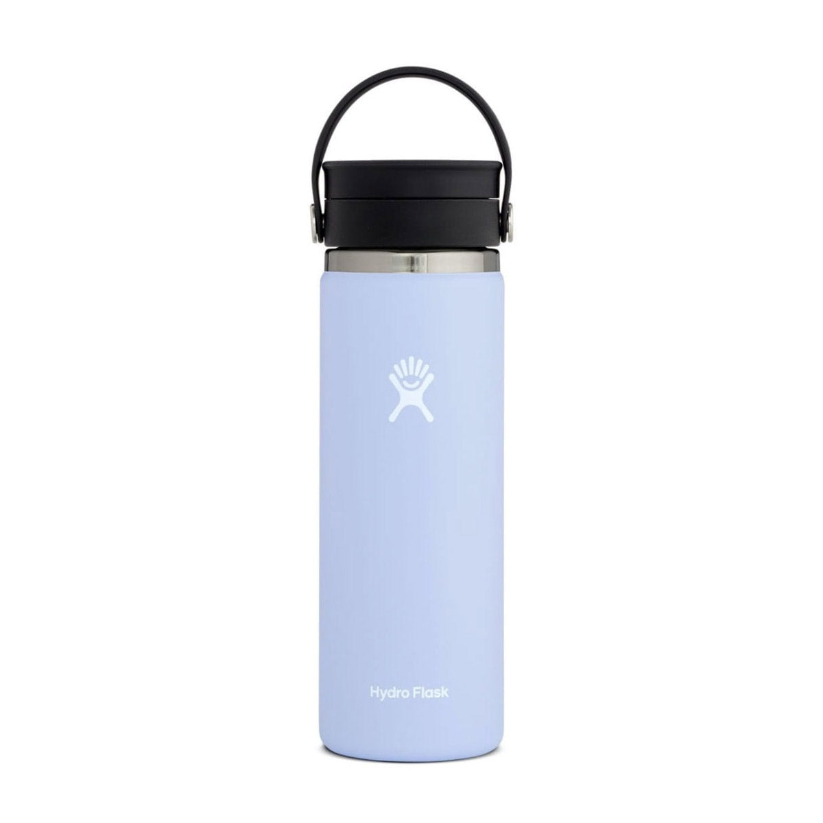 Blue Hydro Flask 20oz water bottle with a black lid against a white background.